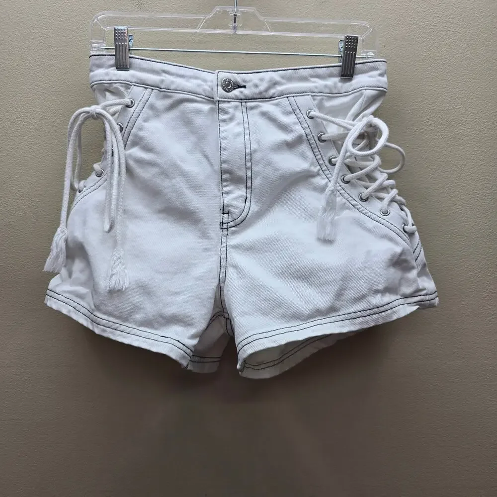BDG Denim Jean Side Laced Contrast Stitch A-Line Shorts High Rise White Size 28